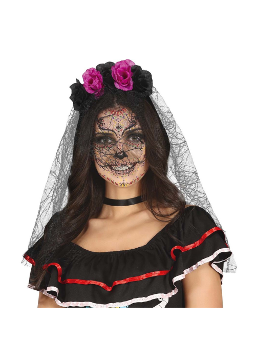 Diadema con Velos y flores Lilas y Negras