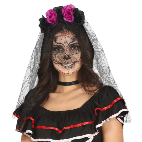 Diadema con Velos y flores Lilas y Negras