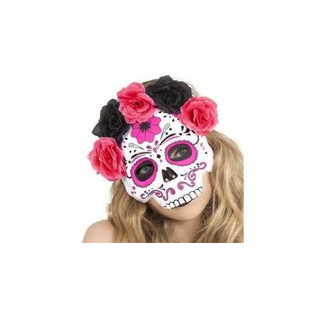 Media Mascara Calavera Catrina Rosa con Flores
