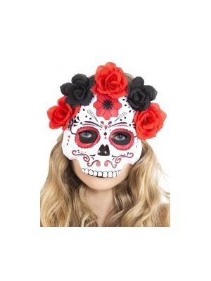 Media Mascara Calavera Catrina Rosa con Flores