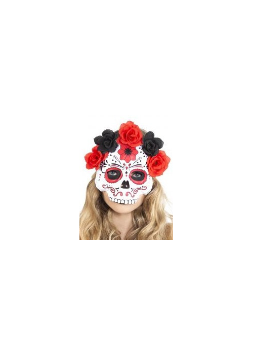 Media Mascara Calavera Catrina Roja con Flores