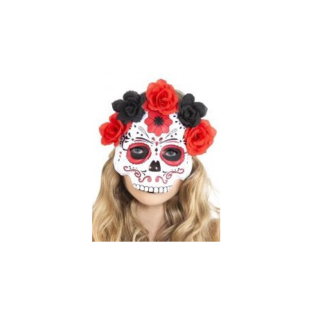 Media Mascara Calavera Catrina Roja con Flores