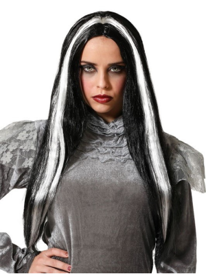 Peluca Melena Larga Negra Mechas Blanca