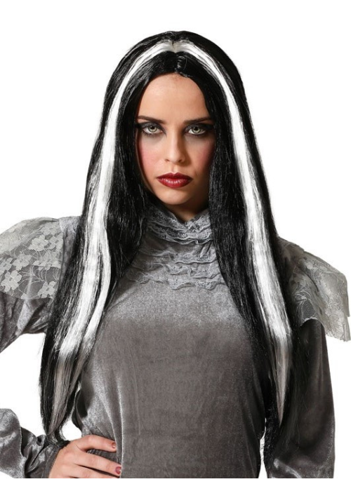 Peluca Melena Larga Negra Mechas Blanca