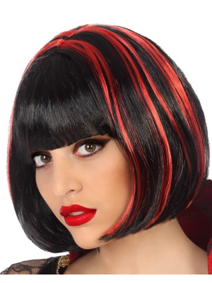 Peluca Vampiresa Corta Mechas Negra y Roja