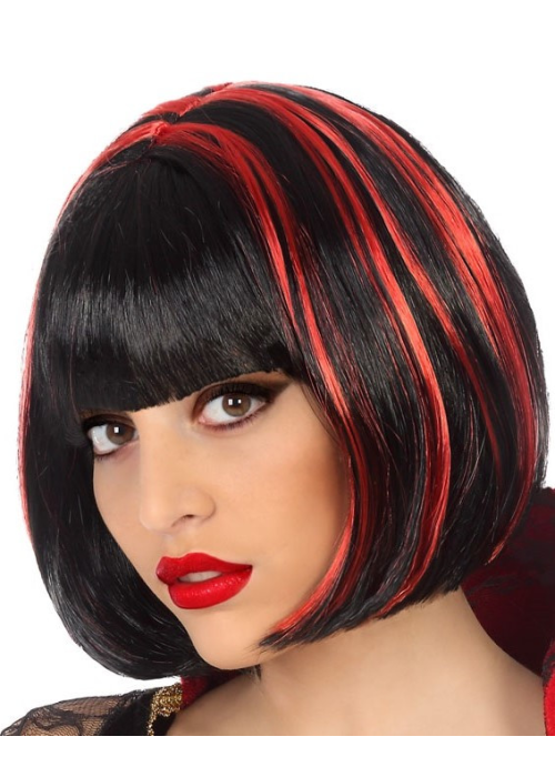 Peluca Vampiresa Corta Mechas Negra y Roja