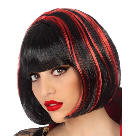 Peluca Vampiresa Corta Mechas Negra y Roja