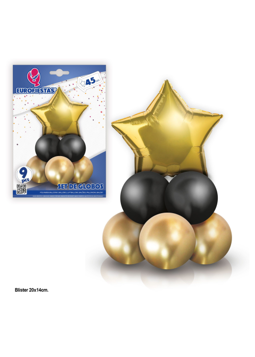 Set 8 Globos Estrella Negro y Dorado