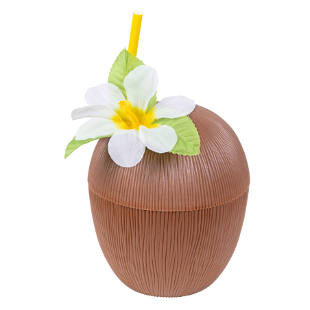 Vaso con Forma de Coco con Flor - Fiesta Hawaiana