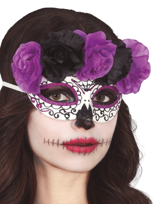 Antifaz Catrina Flores Lila y Negra