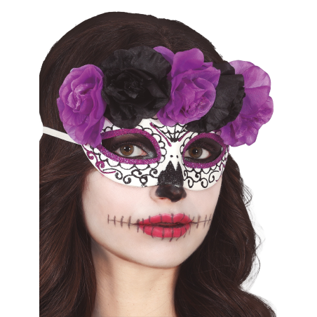 Antifaz Catrina Flores Lila y Negra