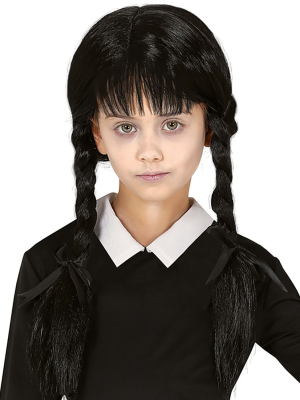 Peluca Trenzas Negras con Flequillo Infantil