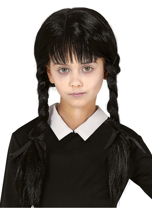 Peluca Trenzas Negras con Flequillo Infantil