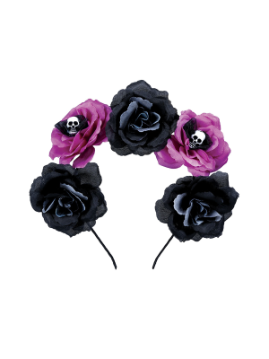 Diadema Flores Negra y Rosa con Calveras