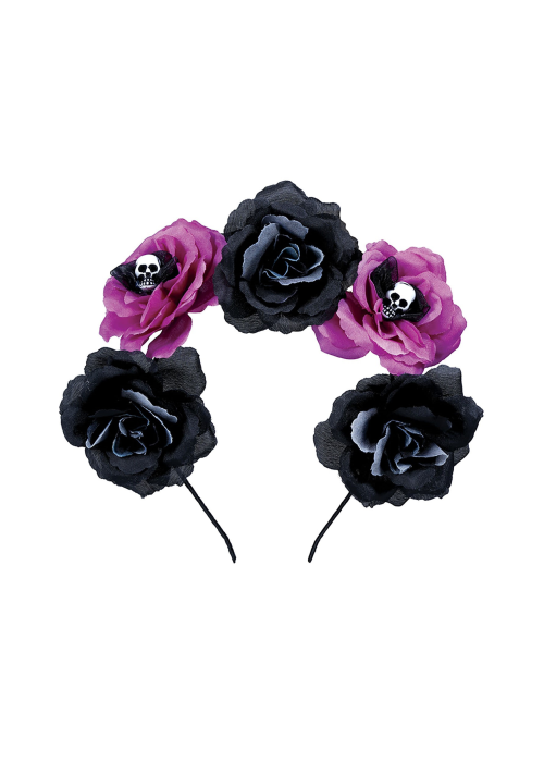 Diadema Flores Negra y Rosa con Calveras