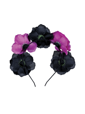 Diadema Flores Negra y Rosa con Calveras