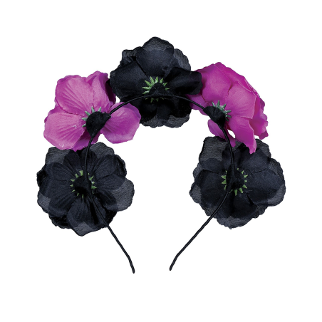 Diadema Flores Negra y Rosa con Calveras