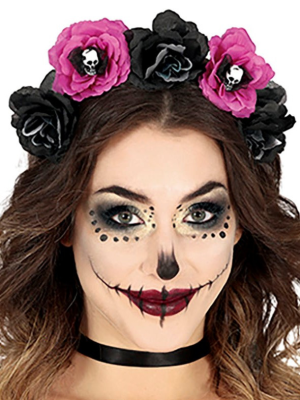 Diadema Flores Negra y Rosa con Calveras