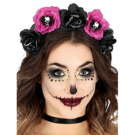 Diadema Flores Negra y Rosa con Calveras