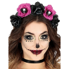 Diadema Flores Negra y Rosa con Calveras