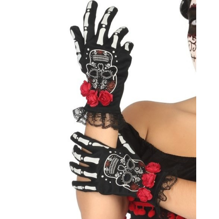 Guantes Catrina Con Flores - Complementos Mexicanos