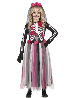 Disfraz de Catrina Rosa Largo Infantil