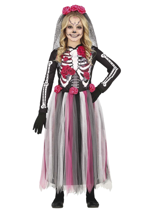 Disfraz de Catrina Rosa Largo Infantil