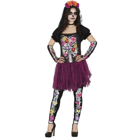 Disfraz de Catrina Lila Flores para Mujer - Disfraces Halloween Esqueletos