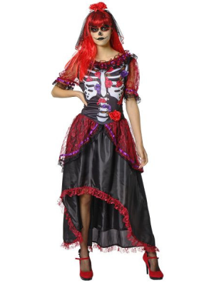 Disfraz de Catrina Rojo y Morado Largo
