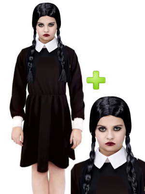 Disfraz de Miércoles con Peluca para Niña - Disfraces de la Familia Addams