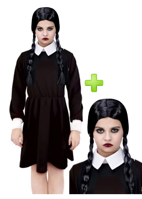 Disfraz de Miércoles con Peluca para Niña - Disfraces de la Familia Addams