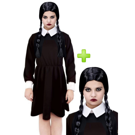 Disfraz de Miércoles con Peluca para Niña - Disfraces de la Familia Addams