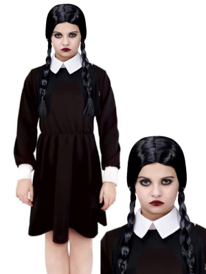 Disfraz de Miércoles con Peluca para Niña - Disfraces de la Familia Addams