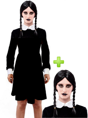 Disfraz de Miércoles con Peluca para Mujer - Disfraces de la Familia Addams