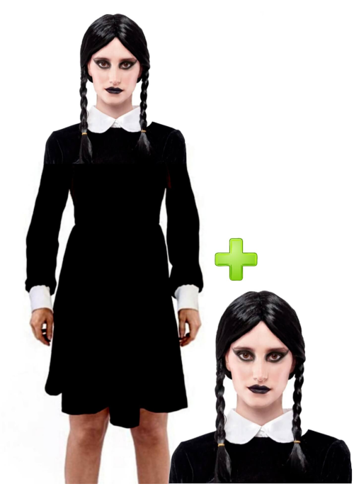 Disfraz de Miércoles con Peluca para Mujer - Disfraces de la Familia Addams