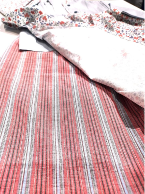 Conjunto Casera Gris Rayas Teja y Flores para niña