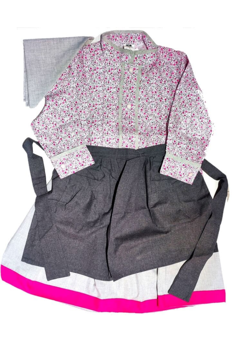 Conjunto Casera Rosa Flores y Gris con Bies Fucsia
