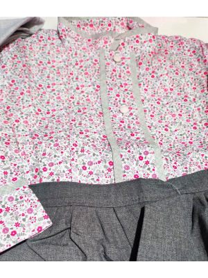 Conjunto Casera Rosa Flores y Gris con Bies Fucsia