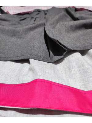 Conjunto Casera Rosa Flores y Gris con Bies Fucsia