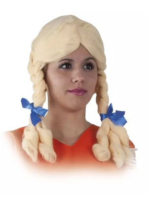 Peluca  Con Trenzas Rubia y Lazo Azul