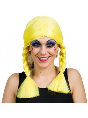 Peluca  Con Trenzas Amarilla y Lazo Azul