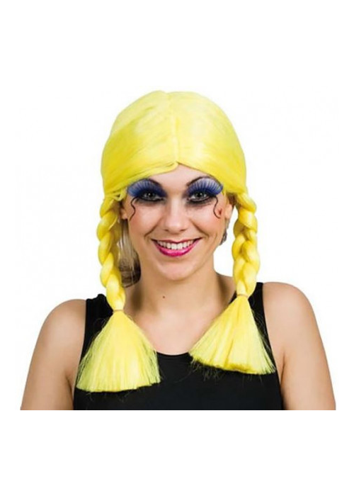 Peluca  Con Trenzas Amarilla y Lazo Azul