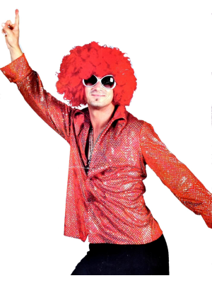 Camisa Disco Roja Terciopelo y Destellos Hombre