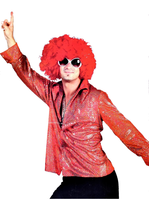 Camisa Disco Roja Terciopelo y Destellos Hombre