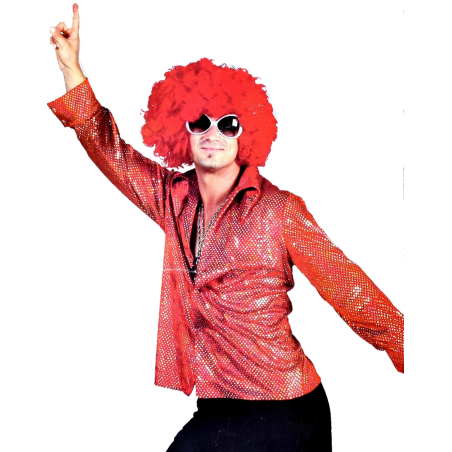 Camisa Disco Roja Terciopelo y Destellos Hombre