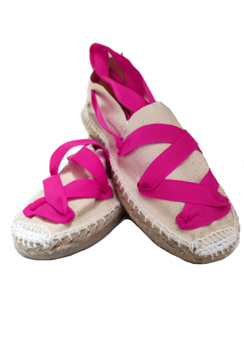 Alpargata Beige con cintas Rosa Fucsia