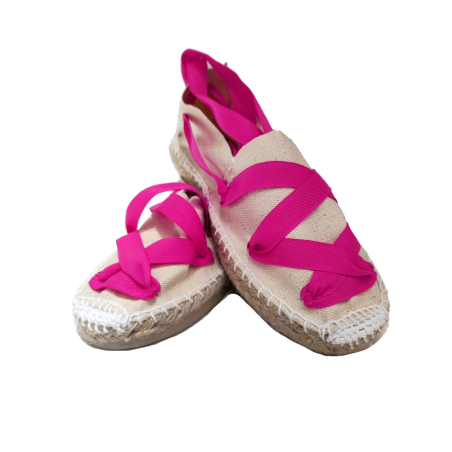 Alpargata Beige con cintas Rosa Fucsia