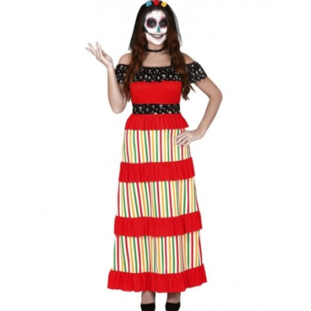 Disfraz de Catrina Largo a Rayas para Mujer - Disfraces Halloween Esqueletos