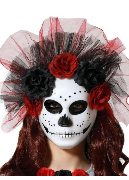 Mascara Catrina Flores y Tul - Mascaras Esqueletos y Calaveras