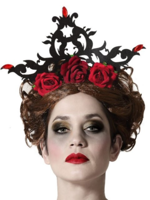 Diadema Negra con Flores Granates y Gemas